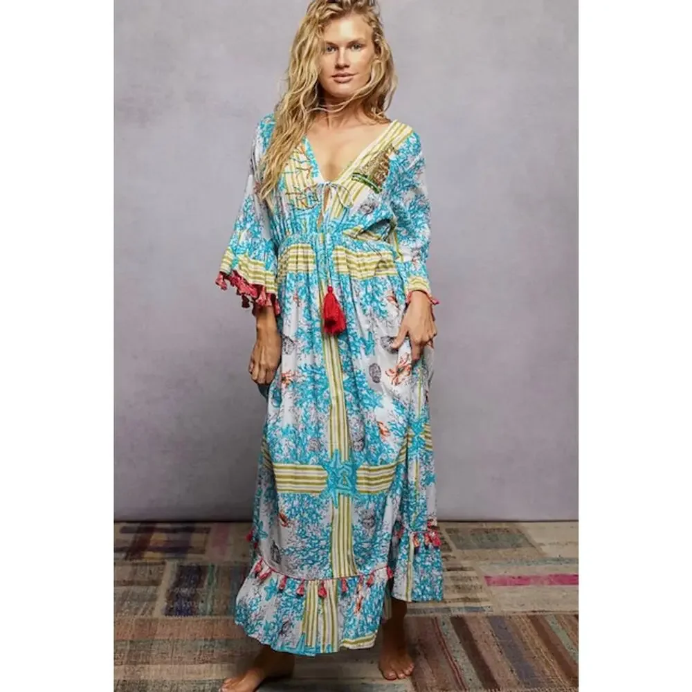 POL - Beach Inspired Pattern Ruffle Sleeve Tassel Maxi Dress - Medium - Picture 2 of 6
